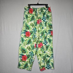 Diane Gilman 100% Silk Pull On Pants with Pockets Large Tropical Floral Print